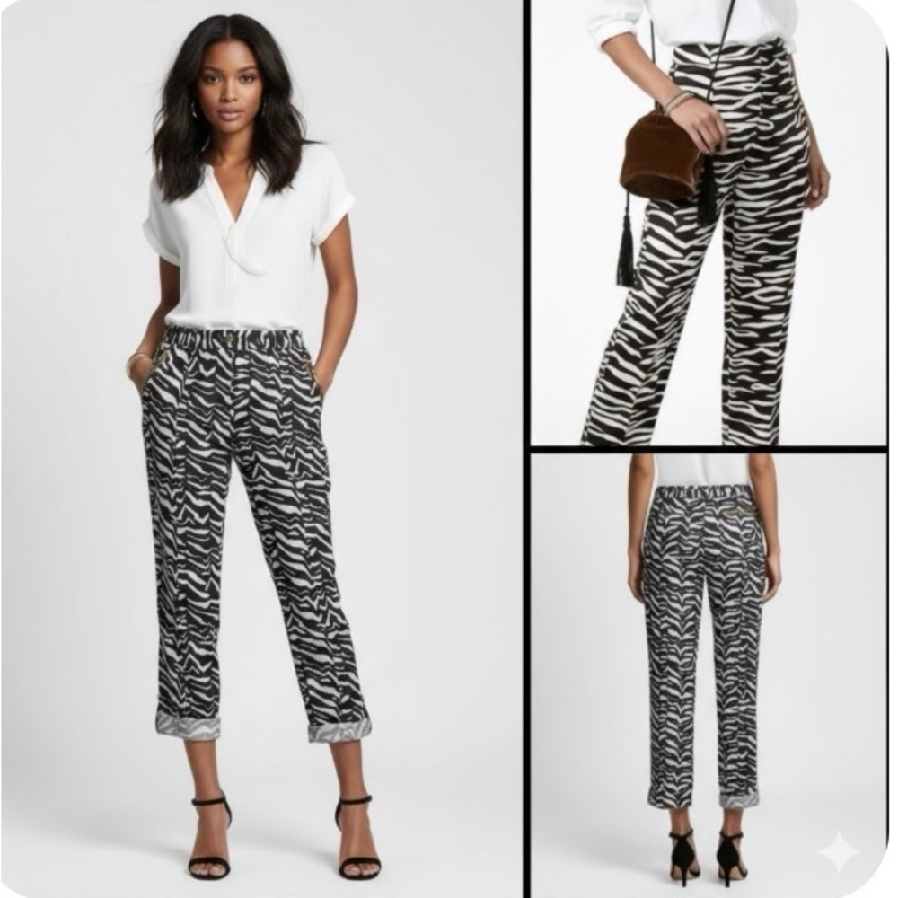 Calvin Klein Zebra Print Linen Tab Cuff Golf Hardware Old Money Y2K Pants S